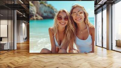 girl sitting and smiling on white sand beach summer traveler concept during sunshine time Wall mural