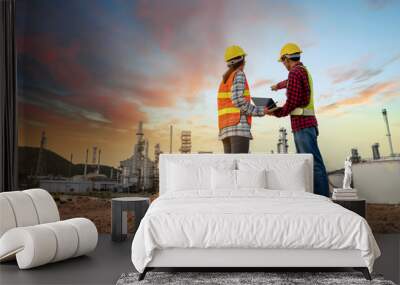 Refinery industry engineer  wearing PPE Working at refinery construction site Wall mural