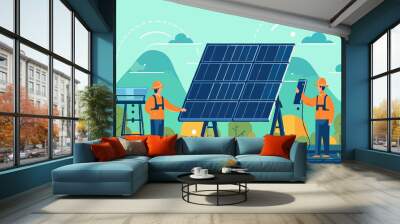 solar power plant to innovation of green energy; engineer or electrician working on checking and maintenance equipment at solar power plant Wall mural