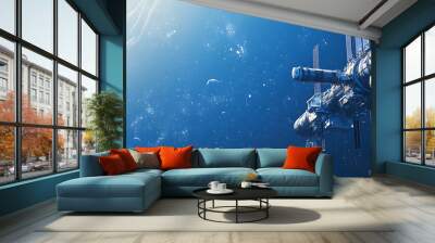 Blue space station web banner. Modern space station isolated on blue background with copy space. Wall mural