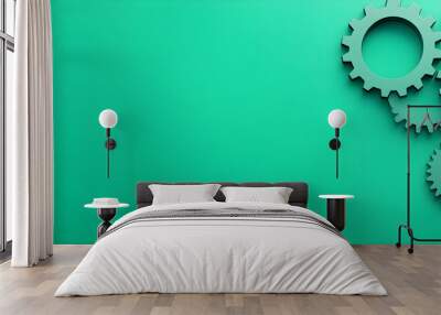 Green gear wheel icon banner. Mechanical gear wheel symbol isolated on green background with copy space. Wall mural