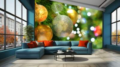 Christmas holiday background. bauble on Christmas tree with defocused blurred lights bokeh. Wall mural