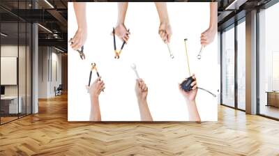 Collection of hands holding mechanic tools isolated on transparent background PNG file Wall mural