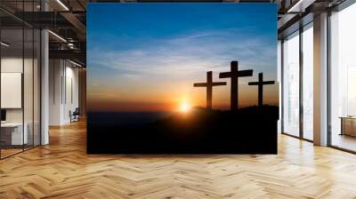 Cross crucifixion of jesus - Wooden cross at sunset sky background. Crucifixion and resurrection concept. Wall mural