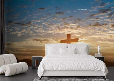 Silhouette of catholic cross, Crucifixion of Jesus christ at sunset background. Wall mural