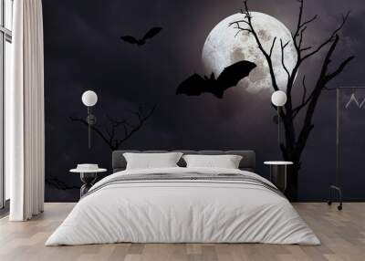 Spooky halloween background with silhouette dead tree at night full moon Wall mural