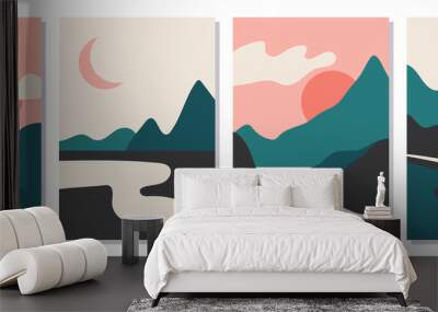 A set of rectangular abstract landscapes. Sun, Moon, mountains, clouds, rivers, plants. Asian design. Japanese motives. Layouts for social networks, ads, banners, posters. vector illustration Wall mural