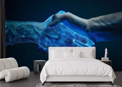 hand shaking between human and digital hand, integration between human and artificial intelligence. Wall mural