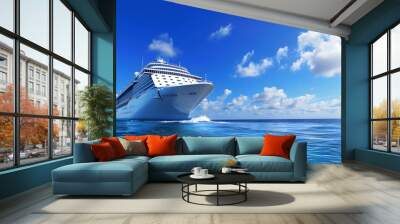 luxurious cruise liner gliding across the serene, azure ocean under a bright, cloud-dotted sky Wall mural