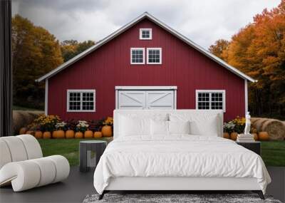 A charming red barn with white doors, surrounded by pumpkins and colorful flowers, set against a backdrop of autumn trees. Wall mural