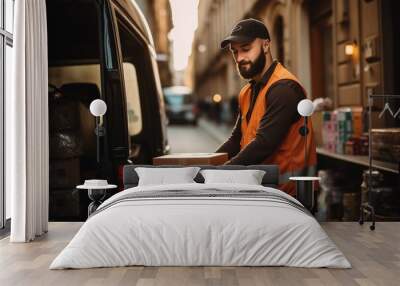 a male delivery worker is unloading cargo from a van Wall mural