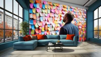 A man in a casual attire pensively looking at a wall densely packed with vibrant sticky notes in a brainstorming session.
 Wall mural