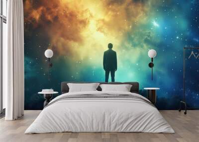 abstract of Businessman's Vision for the Future,  silhouette of businessman in a suit observing the light of space, man looking at a star in outer space concept Wall mural