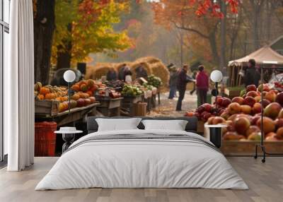 Autumn Harvest Festivities in a Cozy Town Square: Vibrant Community Celebration of Seasonal Produce Wall mural