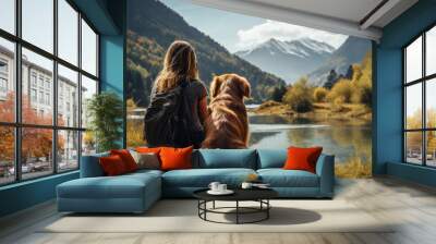 backside tourist woman with dog. mountain and lake background.  Wall mural