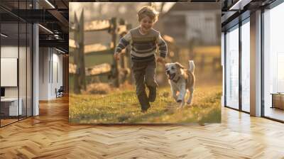 Boy playing with a puppy on a farm.  Wall mural