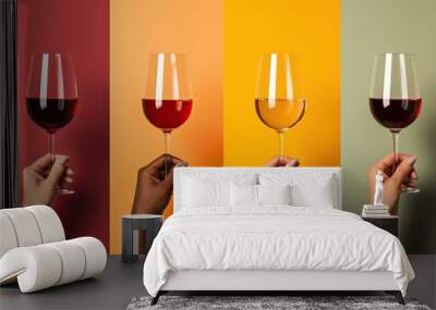 Collage of female hands holding bottle and glasses of wine on color background . generative ai.  Wall mural