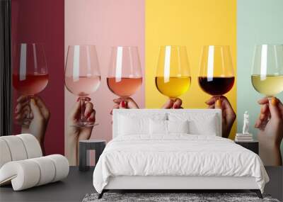 Collage of female hands holding bottle and glasses of wine on color background . generative ai.  Wall mural