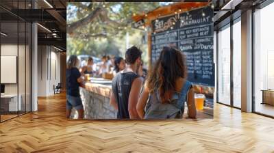 Community Connections: Blackboard in an Outdoor Park Setting with Event Updates and Messages, Vibrant Social Scene Wall mural