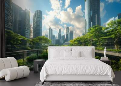 Green Urban Canopy.  Modern city with integrated green spaces, reflecting an eco-conscious urban design. Skyscrapers and clear skies.  Wall mural