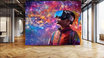 Immersive Virtual Reality Exploration with Digital Nodes. An individual explores a network of glowing digital nodes through VR headgear, symbolizing advanced cyber connectivity and learning.

 Wall mural