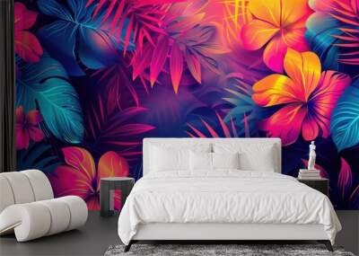 Luminous floral theme featuring vibrant pink and yellow hibiscus flowers against a neon tropical backdrop.
 Wall mural