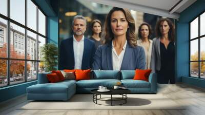 portrait of people. ฺbusiness woman and her professional team,  serious mood at modren office and tower view background.	
 Wall mural