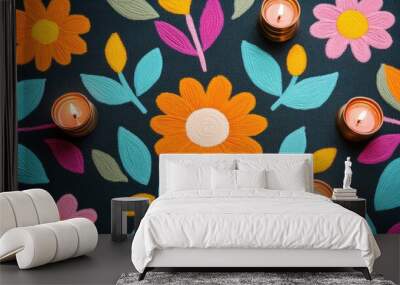 Vibrant floral pattern with candles for a cozy ambiance Wall mural