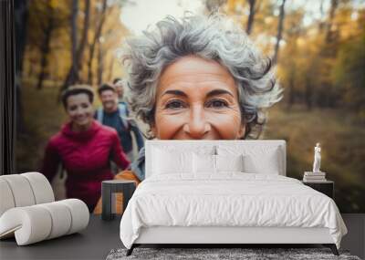 woman jogging in park. old woman and friends Forest, running wellness, outdoor challenge or hiking in nature Wall mural