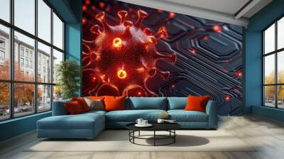 A glowing computer virus slowly infecting a network infection theme top view spreading chaos throughout the system futuristic tone Analogous Color Scheme Wall mural