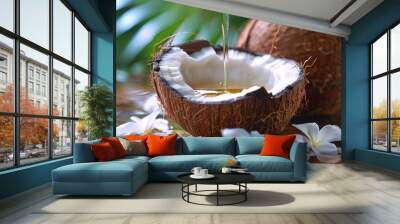 Close-up of coconut oil pouring from a cracked coconut, tropical theme with flower and leaf, natural life. Wall mural