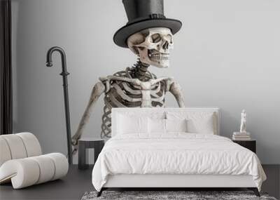 Realistic skeleton with a top hat and cane, Halloween theme, isolated on white background, clipart Wall mural