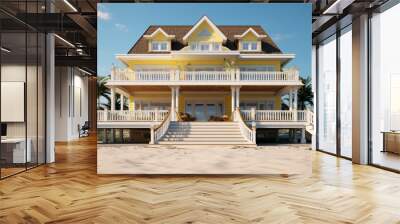 large wooden house with a front porch leading out to a beach. Wall mural