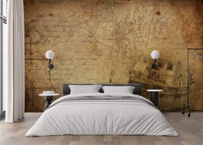 Travel background with vintage map and handwritten and old ship Wall mural