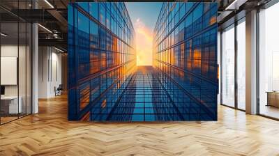 A low angle view of two modern glass office buildings, with the setting sun shining through the windows. Wall mural