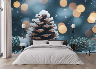 A single pine cone sits in the snow with pine needles and a bokeh of lights in the background. Wall mural