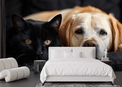 Black cat and white labrador dog lying on black background, cute pets together, banner with adorable animals Wall mural