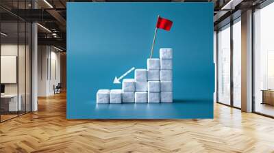 Business growth and success concept with white cubes and red flag on blue background, economic improvement, goal achievement, rising arrow, minimal style Wall mural