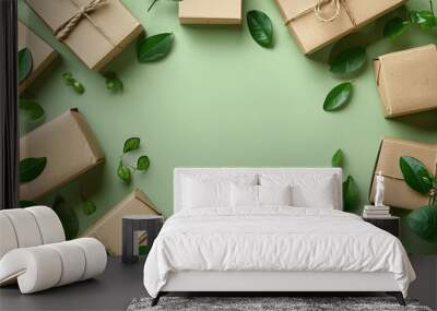 Eco-Friendly Cardboard Boxes with Green Leaves Top View Sustainable Zero Waste Packaging Wall mural