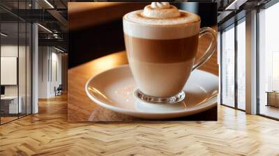 Fresh cappuccino coffee together decorated with coffee beans on wooden table Wall mural