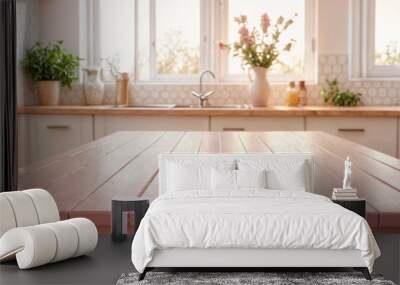 Green Empty wooden table with the bright white interior of the kitchen as a blurred background behind the bokeh golden sunshine Wall mural