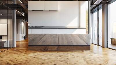 Green Empty wooden table with the bright white interior of the kitchen as a blurred background behind the bokeh golden sunshine Wall mural