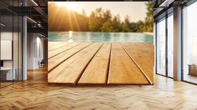 Image of wood table in front of swimming pool blur background. Brown wooden desk empty counter front view of the poolside on beautiful beach resort and outdoor spa. Wall mural