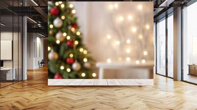 white The empty wooden table top with blur background of Christmas Wall mural