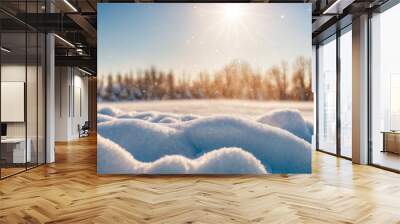 Winter snow background with snowdrifts, with beautiful light and snow flakes on the blue sky, beautiful bokeh circles, banner format, copy space. Wall mural