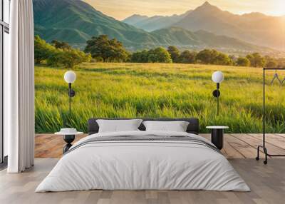 Wooden table top on blur mountain and grass field.Fresh and Relax concept.For montage product display or design key visual layout.View of copy space.golden sunshine Wall mural