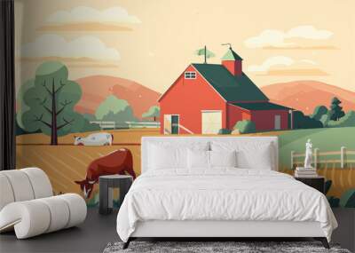 Agriculture, working in the field, harvesting, vector flat illustration. Wall mural