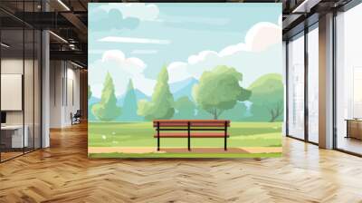 Background of beautiful summer park with trees, bushes and cozy bench. Good place vector illustration Wall mural