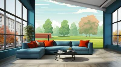 Background of beautiful summer park with trees, bushes and cozy bench. Good place vector illustration Wall mural