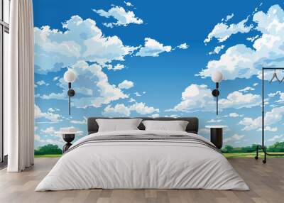 Blue sky with clouds. White fluffy clouds. Sunny day sky scene cartoon vector illustration. Heavens with bright weather, summer season outdoor Wall mural